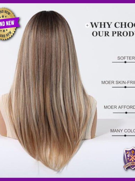Long Straight Human Hair Wig with Curtain Bangs, Glueless, Lightweight